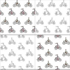 Set of retro bicyclist men and women. Vector illustration, vintage seamless patterns.