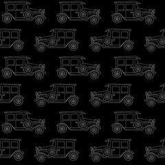 Seamless vector pattern with retro / vintage cars on black background.