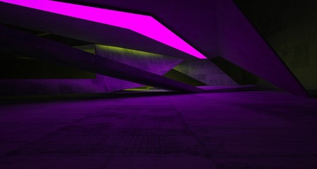 Abstract architectural concrete interior of a minimalist house with color gradient neon lighting. 3D illustration and rendering.