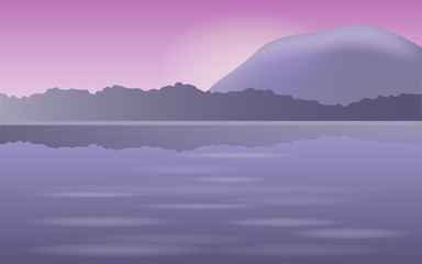 Vector illustration, landscape. River, mountain, trees on the sunset.