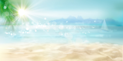 Fototapeta na wymiar Abstract view of the sandy beach. Tropical resort. Sunrise on the seashore. Vector Illustration. 
