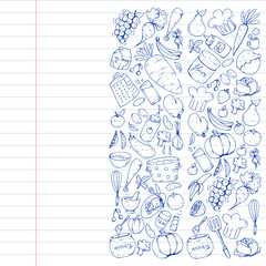 Healthy food and cooking. Fruits, vegetables, household. Doodle vector set.