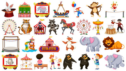 Huge circus collection with mixed animals, people, clowns and rides © blueringmedia