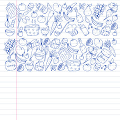 Healthy food and cooking. Fruits, vegetables, household. Doodle vector set.