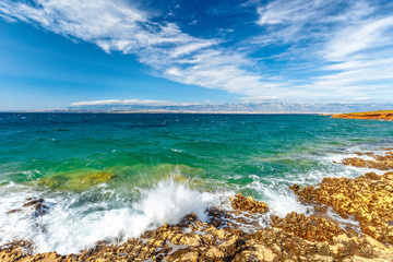 Wave on sea at Vir island in the Zadar County of Croatia, Europe.