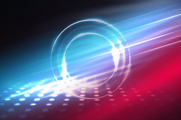 Empty background scene. Dark reflection of the street on the wet asphalt. Rays of blue and red neon light in the dark, neon figures, smoke. Background of empty stage show. Abstract dark background.