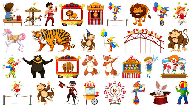 Huge circus collection with mixed animals, people, clowns and rides