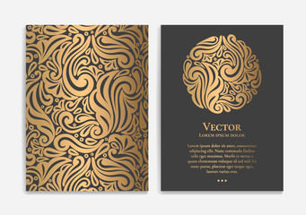 Abstract golden greeting card design on a black background. Luxury vector ornament template. Great for invitation, flyer, menu, brochure, wallpaper, decoration, packaging or any desired idea.