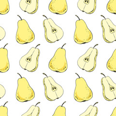 Yellow pears and halves pears. Seamless pattern, hand drawn sketch. Vector illustration.