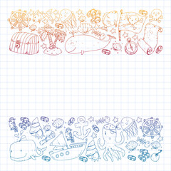 Ocean and sea for children. Pattern for boys. Pirate party. Cute fishes, animals, treasures. Kids vacation pattern, beach toys and elements.