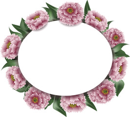 Obraz premium White floral background with pink peonies. Round frame, vector illustration.