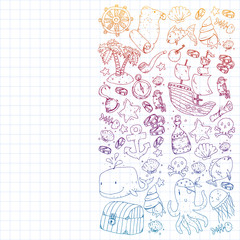 Ocean and sea for children. Pattern for boys. Pirate party. Cute fishes, animals, treasures. Kids vacation pattern, beach toys and elements.