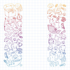 Ocean and sea for children. Pattern for boys. Pirate party. Cute fishes, animals, treasures. Kids vacation pattern, beach toys and elements.