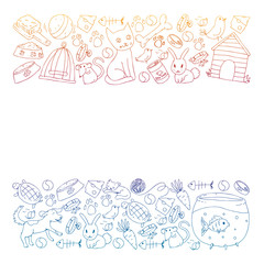 Pet shop. Vector illustration with animals, dog, cat, fish, Colorful background with kitten, bird, puppy. Veterinarian clinic.