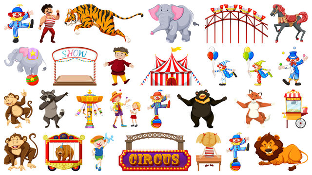 Circus set with animals rides and clowns on isolated background