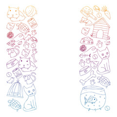 Pet shop. Vector illustration with animals, dog, cat, fish, Colorful background with kitten, bird, puppy. Veterinarian clinic.