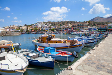 Fishing boats in Elounda (Crete, Greece). Elounda is a small fishing town on the northern coast of the island of Crete, Greece.