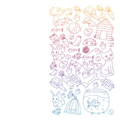 Pet shop. Vector illustration with animals, dog, cat, fish, Colorful background with kitten, bird, puppy. Veterinarian clinic.