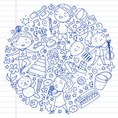 Painted by hand style pattern on the theme of childhood. Vector illustration for children design. Drawing on exercise notebook.