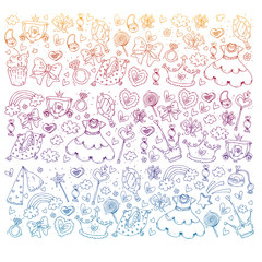 Princess birthday party for little girls. Kindergarten, school children picture. Illustration for children with castle, fairy, dress, crown.