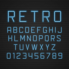 Retro signboard alphabet letters with light neon lamps vector design elements set.