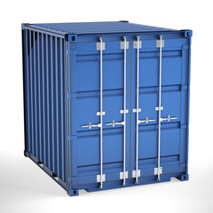 Small shipping container with closed doors. Global shipping and delivery concept on white background. 3d illustration.