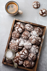 Chocolate brownie cookies in powdered sugar. Chocolate Crinkles.