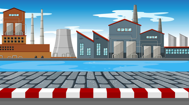 Factory scene with river in foreground