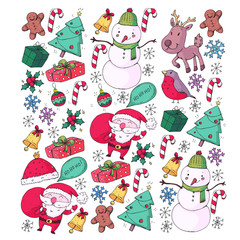 Naklejka premium Christmas winter party. Happy new year. Bullfinch, Santa Claus, snowman, deer. Presents and candy.