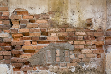 detail of ancient brick wall. Grunge Distorted Brick wall. old brick wall texture. Texture background surface broken brick wall cement