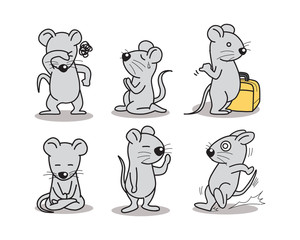 A rat cartoon several action. standing walking seeing scare happy. vector illustration isolated cartoon hand drawn