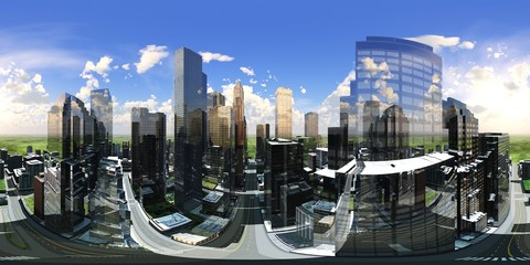 Fototapeta na wymiar HDRI, environment map , Round panorama, spherical panorama, equidistant projection, panorama 360, cityscape
