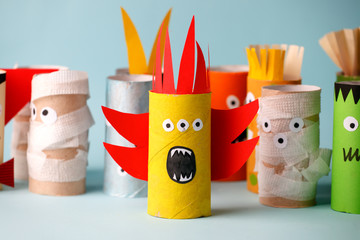 halloween and decoration concept - monsters from toilet paper tube/ Simple diy creative idea....