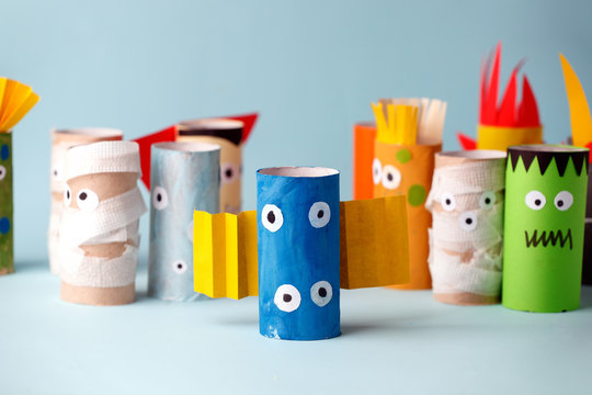 halloween and decoration concept - monsters from toilet paper tube/ Simple diy creative idea. Eco-friendly reuse recycle decor