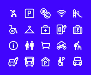 Mega Shopping Mall Navigation Icons on Purple Background. Line Style.