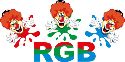 Clowns in three colors. Template for advertising, signs, posters, banners.