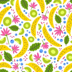 Summer seamless pattern with fresh exotic fruits, berries, flowers and leaves on white background. Motley seasonal backdrop. Flat tropical vector illustration for wrapping paper, textile print.