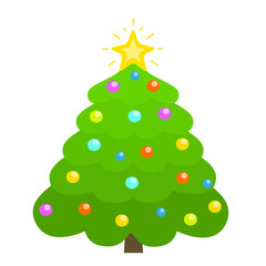 Christmas tree decorated with star, decoration balls, isolated on white background in flat style.