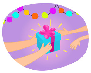 Hands giving gift box to another hand. Gifting and receiving gift concept. Flat style. Vector Christmas illustrations hands and gift. Hand holding present.