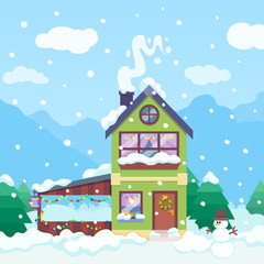 Fototapeta premium Winter background with house and snowman and lights daylight. Christmas house in the mountains. Winter day illustration. Christmas mountain landscape flat style.