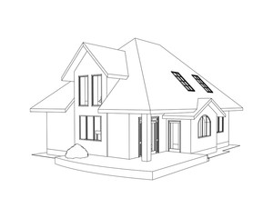 3D suburban house. Drawing of the modern building. Cottage model isolated on white background. Vector blueprint.