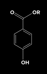 Paraben molecule vector skeletal chemical formula. Organic ingredient label, cosmetic bio sticker, eco herbal emblem. Health safe product with no paraben