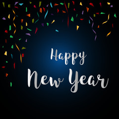 Happy new year greeting card. Letter and multi-color confetti on blue background. Vector illustration.
