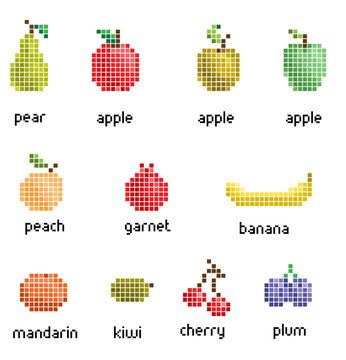pixel fruit collection. simple design isolated objects.