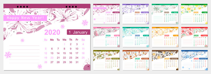 Colorful calendar for 2020. Desk calendar for office, on a white background with an ornament.