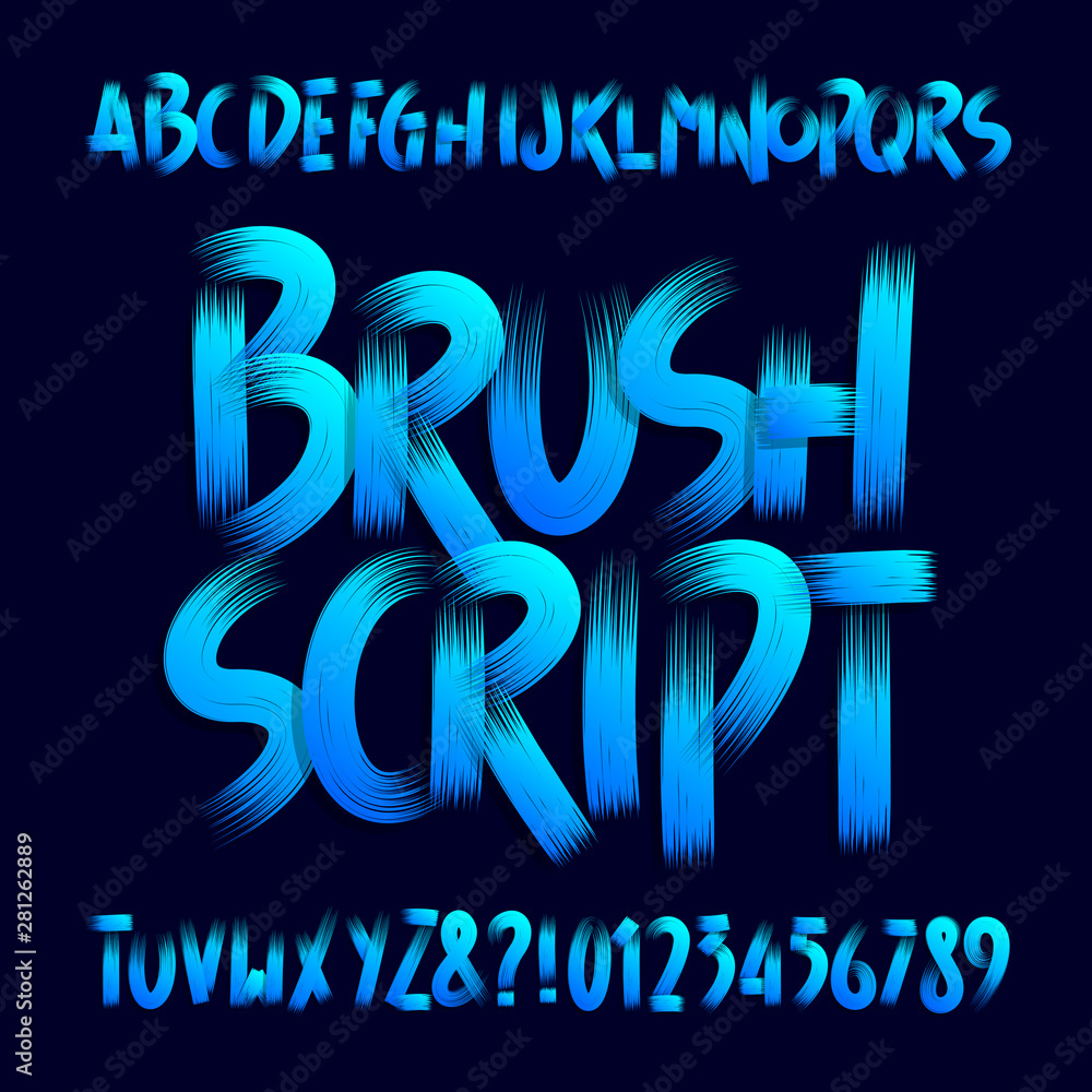 Poster brush script alphabet font. uppercase handwritten brushstroke letters and numbers. stock vector type