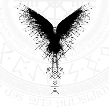 Black grunge bird silhouette with viking symbol on white background