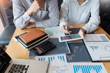 Working business man, team of broker or traders talking about forex on multiple computer screens of stock market invest trading financial graph charts data analysis.