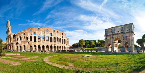 Panoramic view of the amphitheater of Colosseum and Arco di Costantino - Powered by Adobe