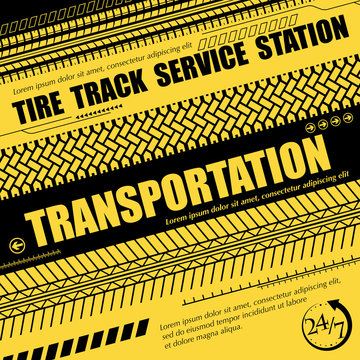 Black and yellow tire track background with sample text for service station